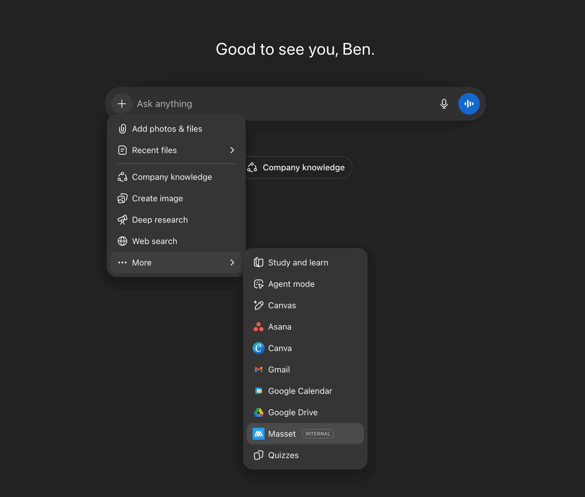Masset shown as a connected app inside ChatGPT