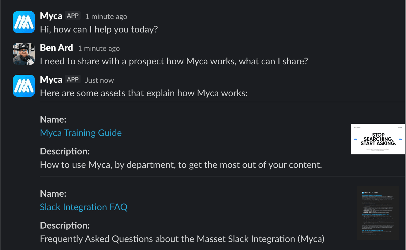 Myca returning Masset assets inside a Slack conversation