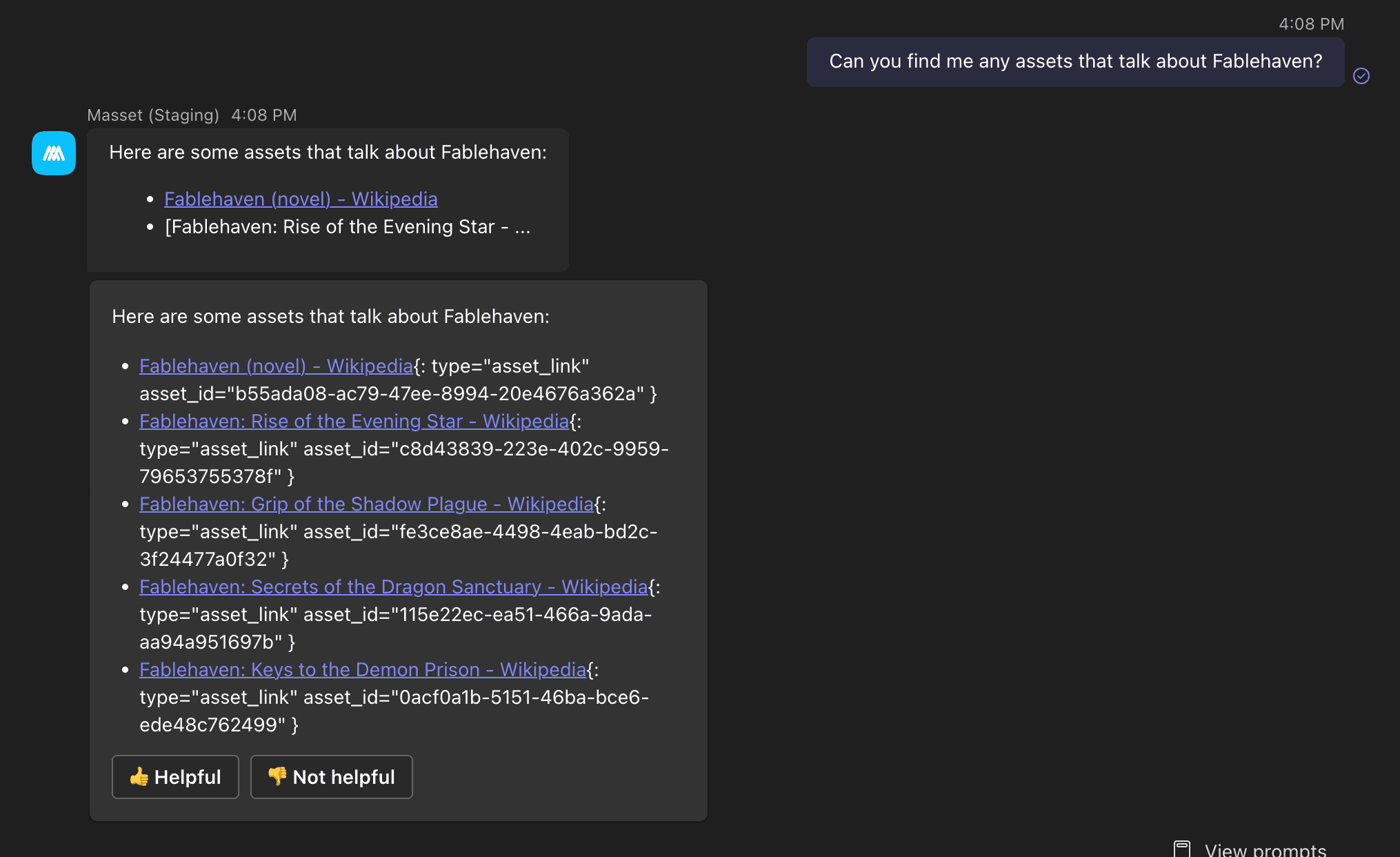 The Masset bot returning assets inside a Microsoft Teams chat