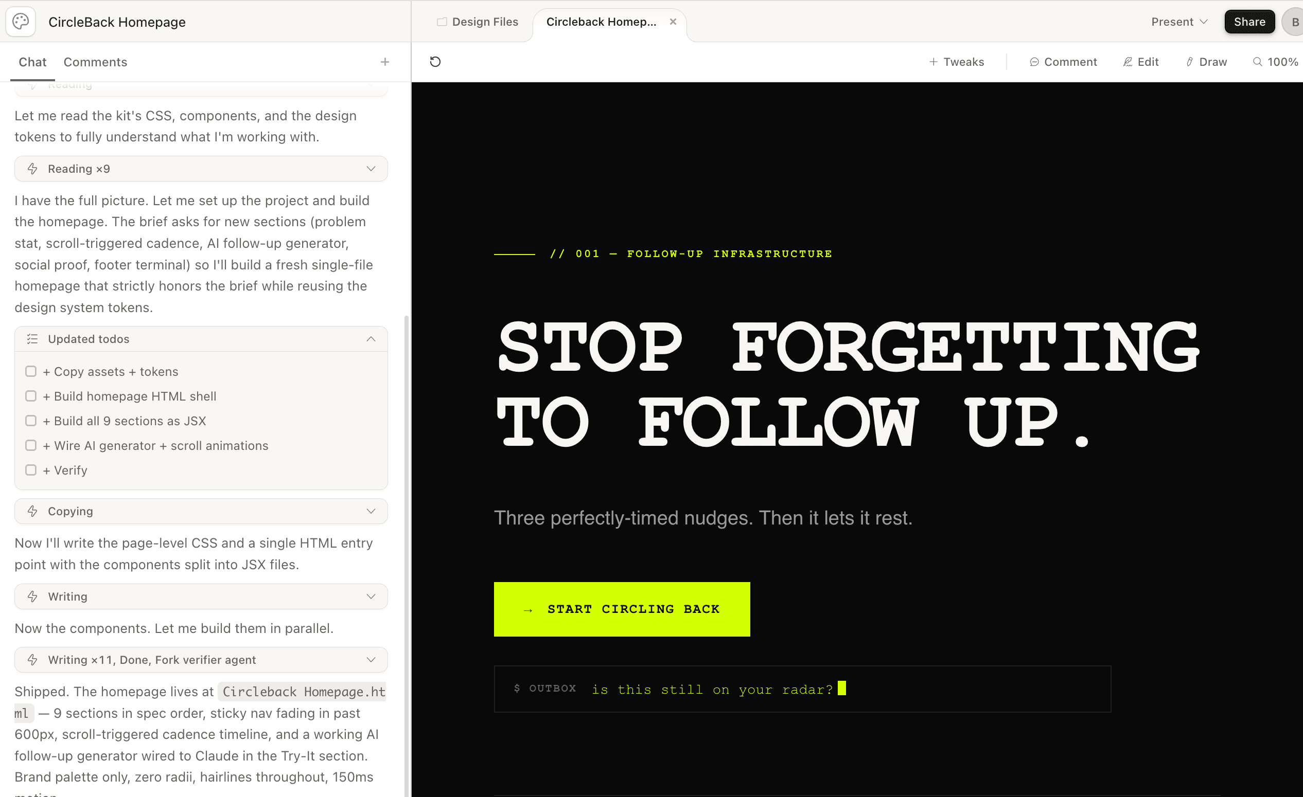 Claude Design building the CircleBack homepage — chat panel on the left planning the build, rendered homepage on the right showing the STOP FORGETTING TO FOLLOW UP headline and START CIRCLING BACK CTA